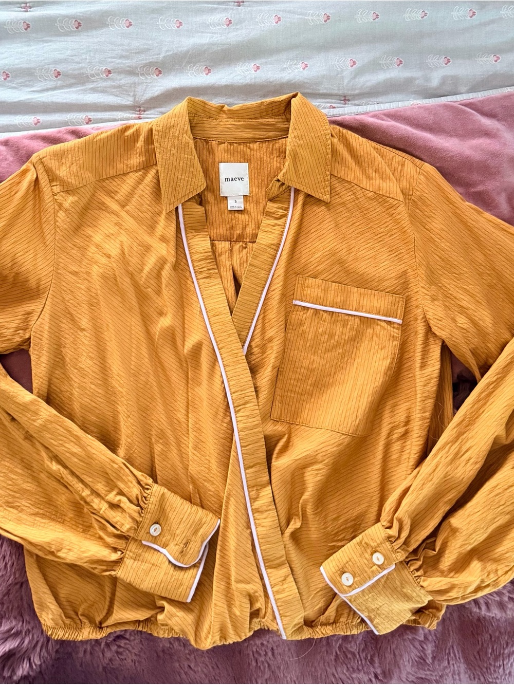 Maeve Golden Mustard Button-Front Shirt Jacket with Contrast Piping